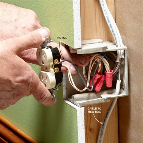 fitting wires into electrical box|pushing wires into outlet box.